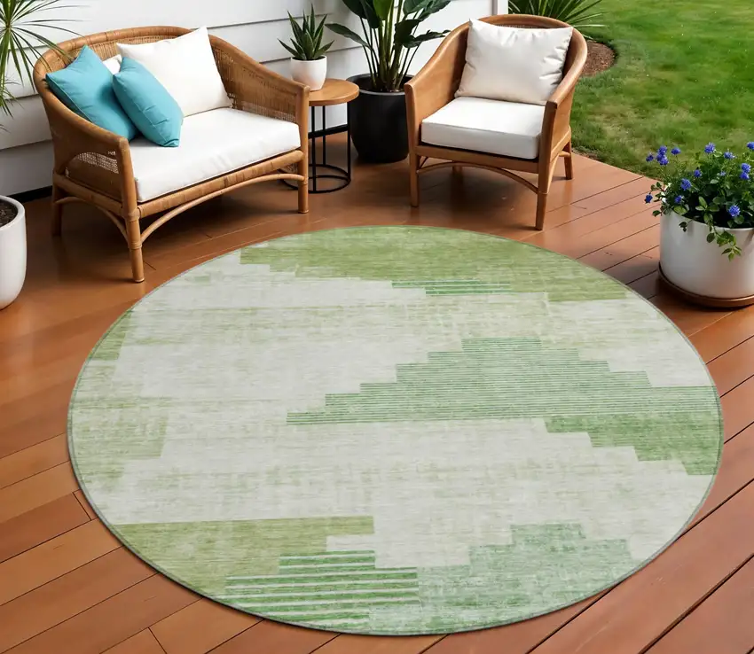 8' Sage Ivory And Olive Green Round Geometric Washable Indoor Outdoor Area Rug Photo 2