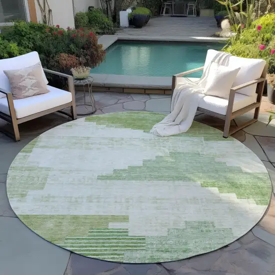 8' Sage Ivory And Olive Green Round Geometric Washable Indoor Outdoor Area Rug Photo 5