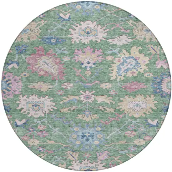 8' Sage Ivory And Pink Round Floral Washable Indoor Outdoor Area Rug Photo 2