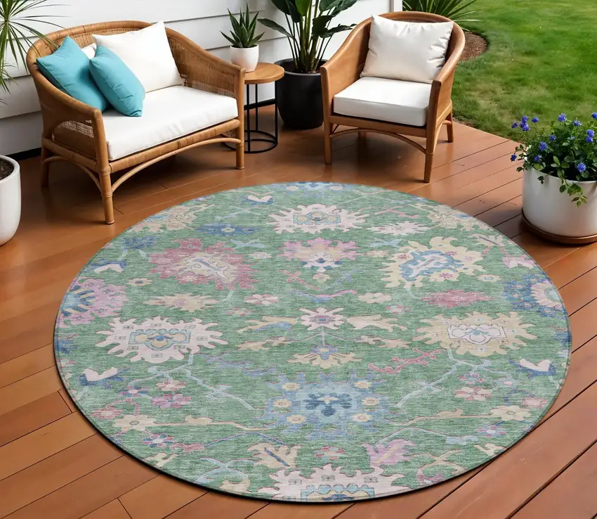 8' Sage Ivory And Pink Round Floral Washable Indoor Outdoor Area Rug Photo 1