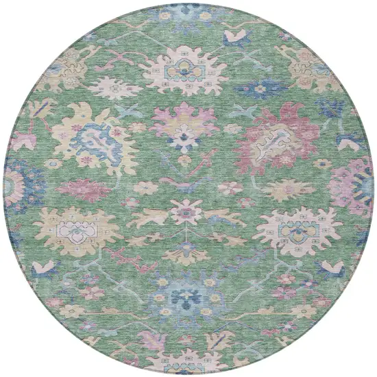 8' Sage Ivory And Pink Round Floral Washable Indoor Outdoor Area Rug Photo 7