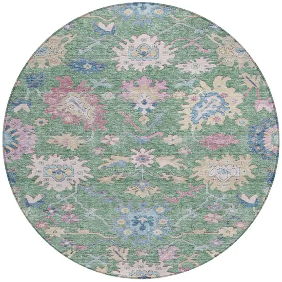 8' Sage Ivory And Pink Round Floral Washable Indoor Outdoor Area Rug Photo 6