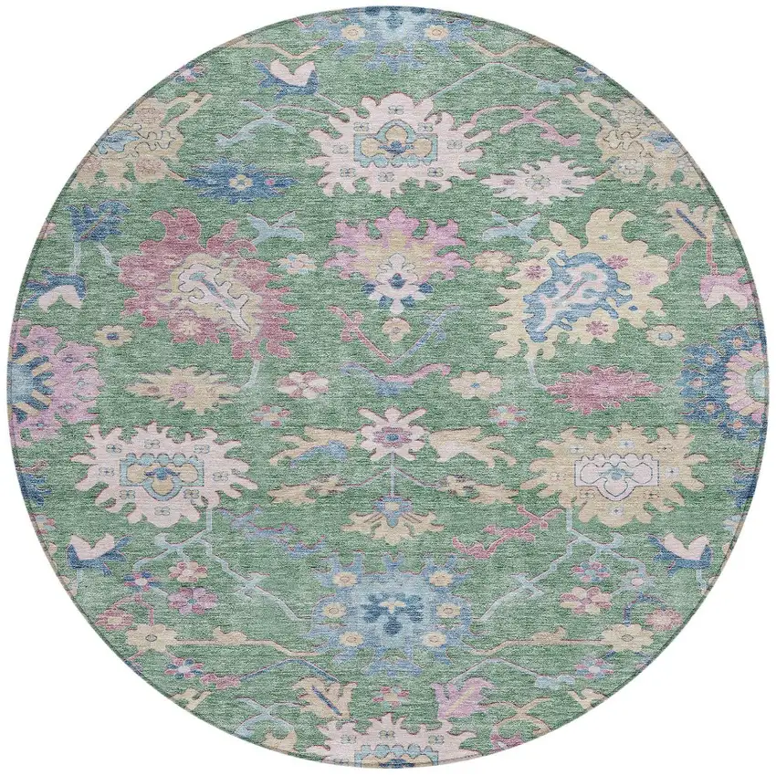8' Sage Ivory And Pink Round Floral Washable Indoor Outdoor Area Rug Photo 6