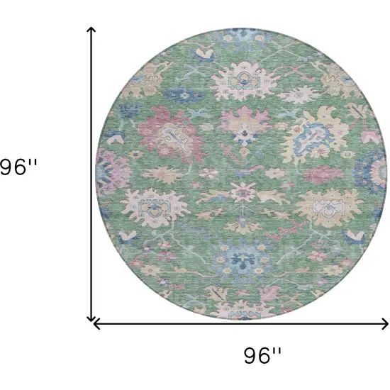 8' Sage Ivory And Pink Round Floral Washable Indoor Outdoor Area Rug Photo 8