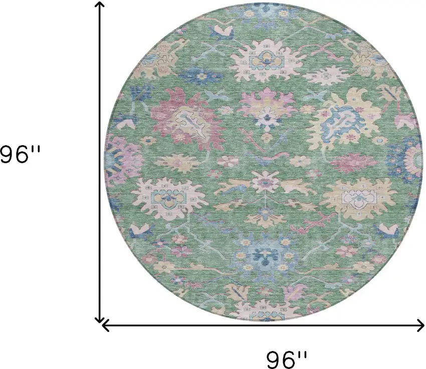 8' Sage Ivory And Pink Round Floral Washable Indoor Outdoor Area Rug Photo 8