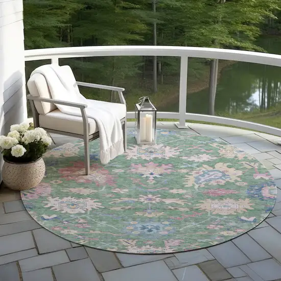 8' Sage Ivory And Pink Round Floral Washable Indoor Outdoor Area Rug Photo 8