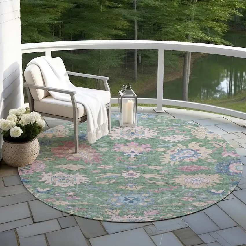 8' Sage Ivory And Pink Round Floral Washable Indoor Outdoor Area Rug Photo 8