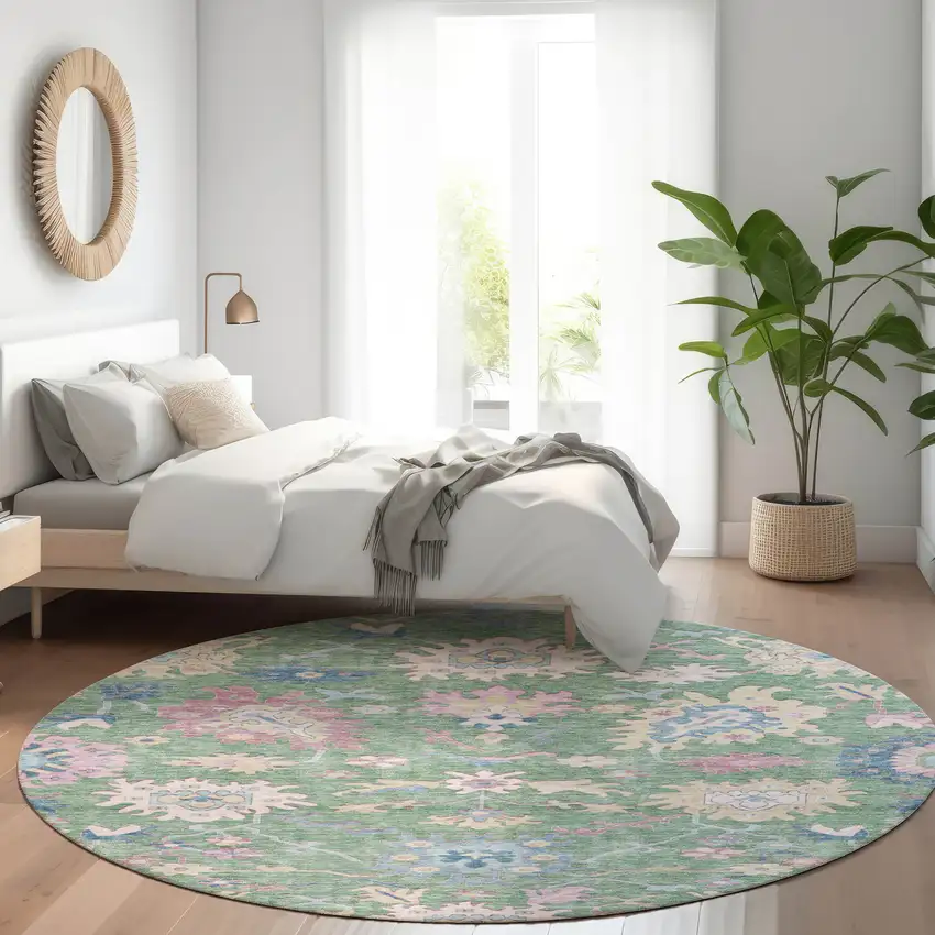8' Sage Ivory And Pink Round Floral Washable Indoor Outdoor Area Rug Photo 9
