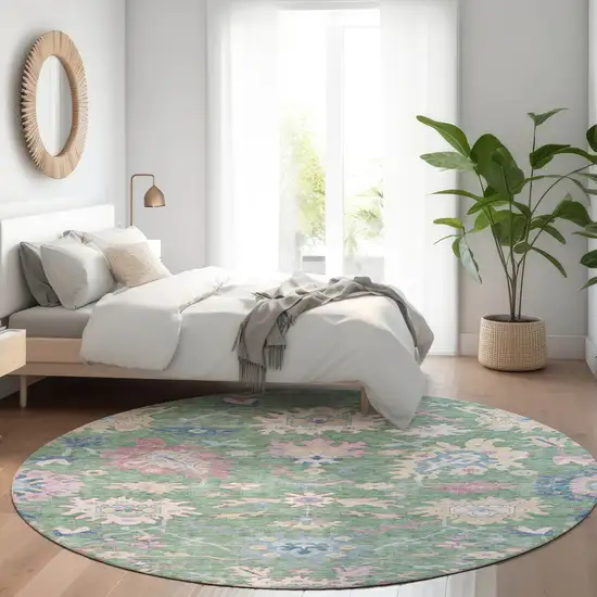 8' Sage Ivory And Pink Round Floral Washable Indoor Outdoor Area Rug Photo 9