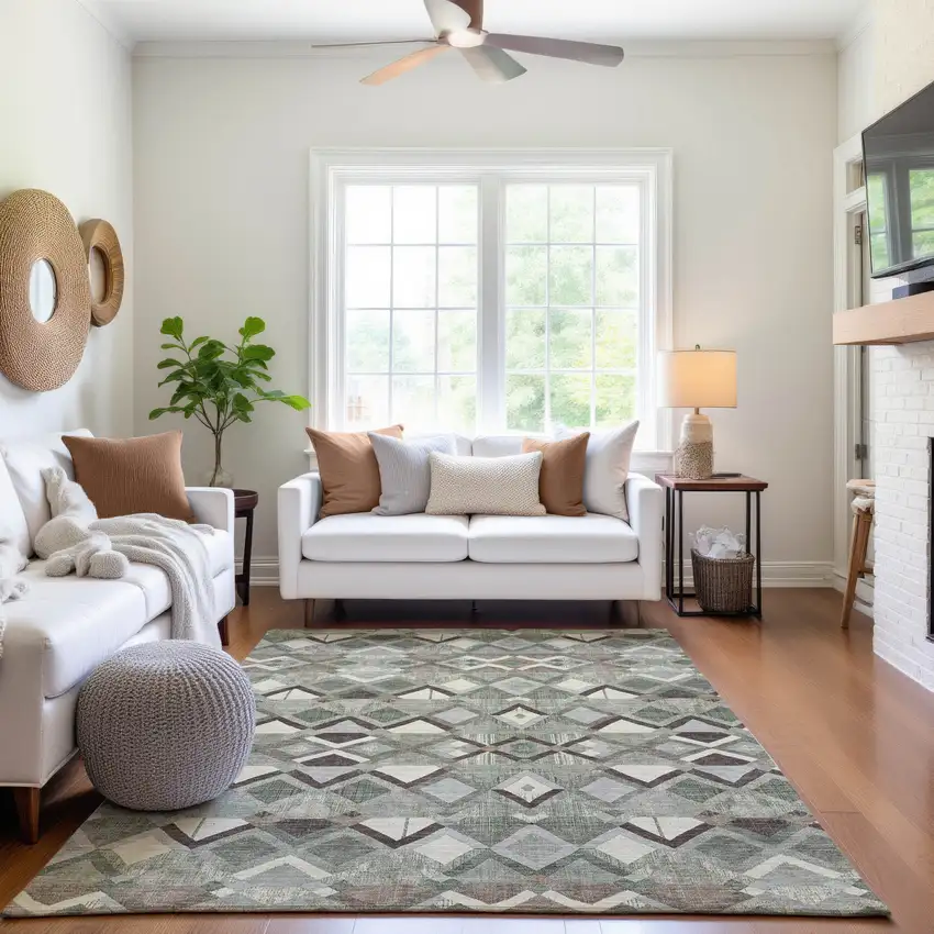 8' Sage Ivory And Taupe Geometric Washable Area Rug With UV Protection Photo 5