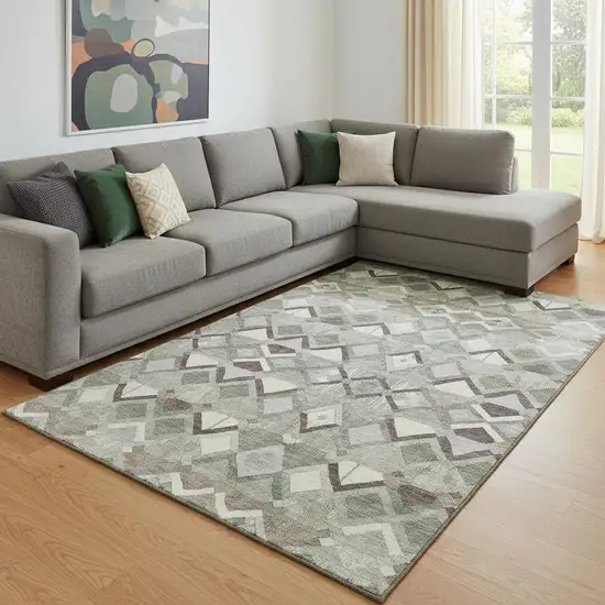 8' Sage Ivory And Taupe Geometric Washable Area Rug With UV Protection Photo 2