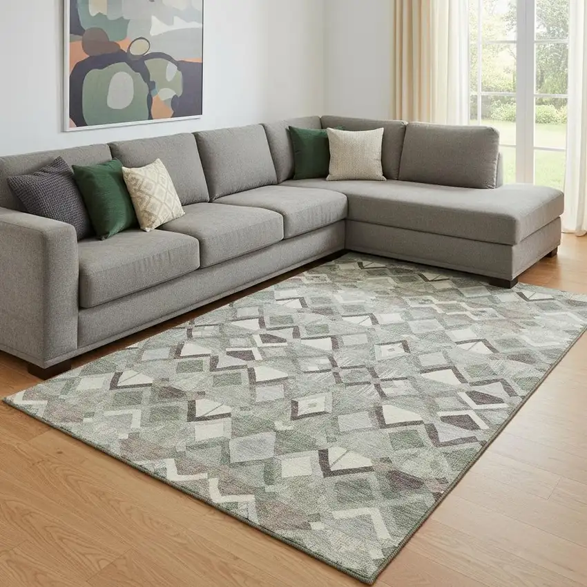 8' Sage Ivory And Taupe Geometric Washable Area Rug With UV Protection Photo 2