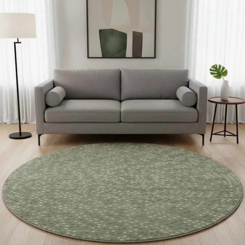 8' Sage Ivory And Taupe Polka Dot Washable Round Rug With UV Protection Photo 2