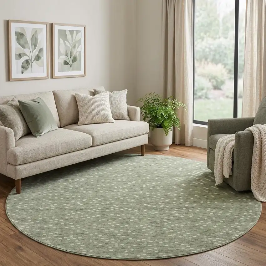 8' Sage Ivory And Taupe Polka Dot Washable Round Rug With UV Protection Photo 1