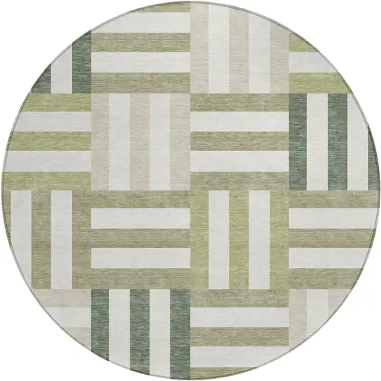 8' Sage Ivory And Taupe Round Geometric Washable Indoor Outdoor Area Rug Photo 2