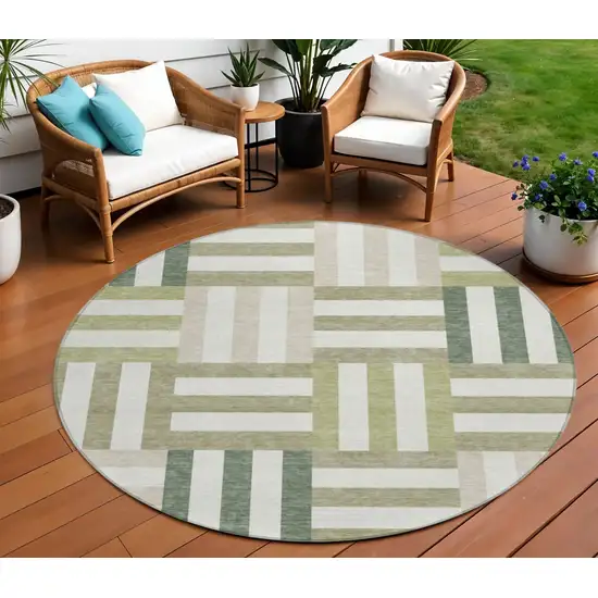 8' Sage Ivory And Taupe Round Geometric Washable Indoor Outdoor Area Rug Photo 1