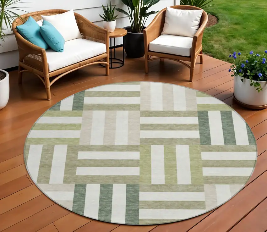 8' Sage Ivory And Taupe Round Geometric Washable Indoor Outdoor Area Rug Photo 1