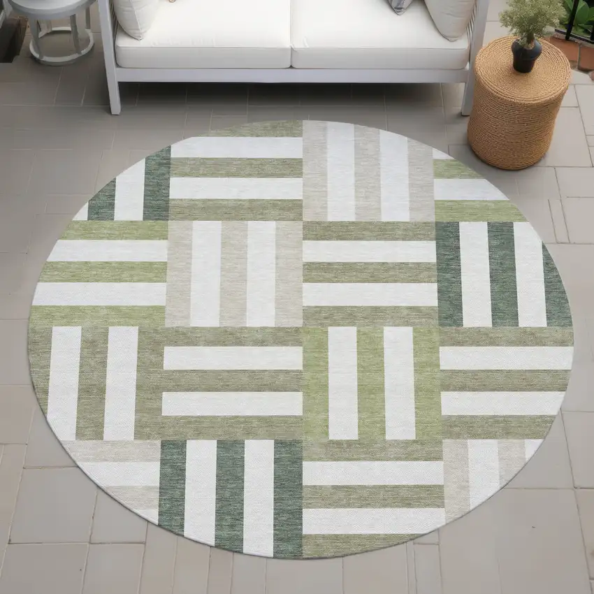 8' Sage Ivory And Taupe Round Geometric Washable Indoor Outdoor Area Rug Photo 7