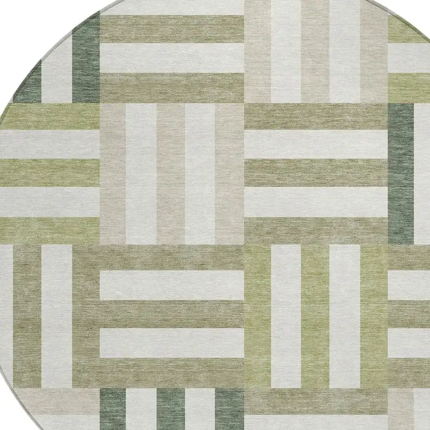 8' Sage Ivory And Taupe Round Geometric Washable Indoor Outdoor Area Rug Photo 6