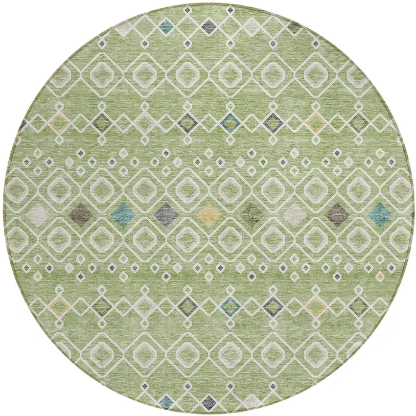 8' Sage Ivory And Teal Blue Round Geometric Washable Indoor Outdoor Area Rug Photo 2