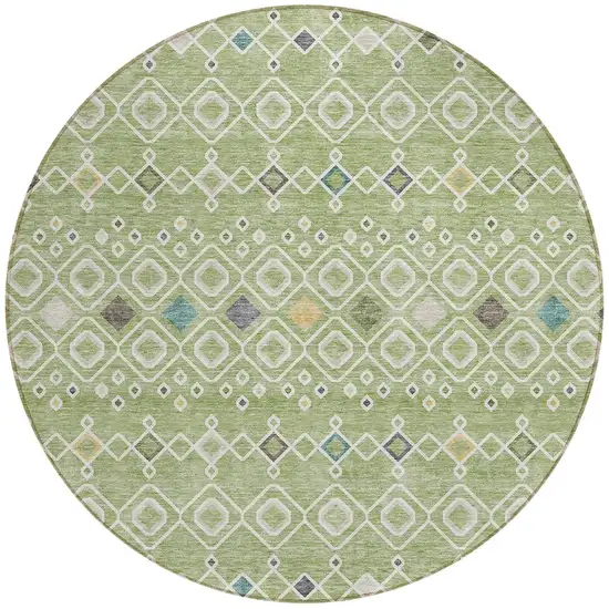 8' Sage Ivory And Teal Blue Round Geometric Washable Indoor Outdoor Area Rug Photo 5