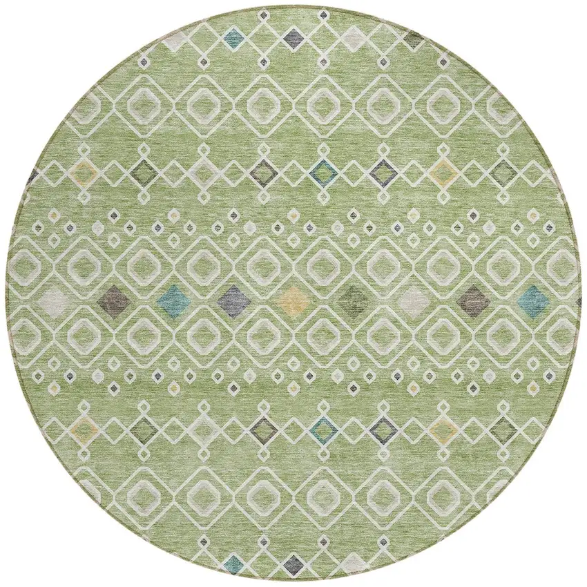 8' Sage Ivory And Teal Blue Round Geometric Washable Indoor Outdoor Area Rug Photo 5