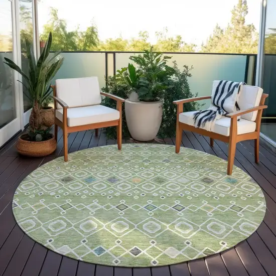 8' Sage Ivory And Teal Blue Round Geometric Washable Indoor Outdoor Area Rug Photo 6