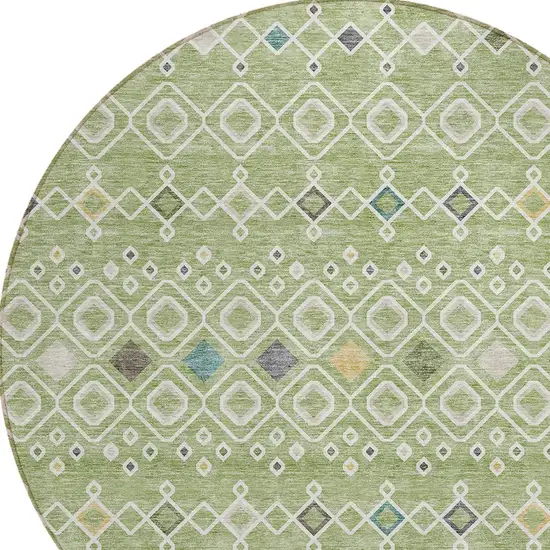 8' Sage Ivory And Teal Blue Round Geometric Washable Indoor Outdoor Area Rug Photo 4