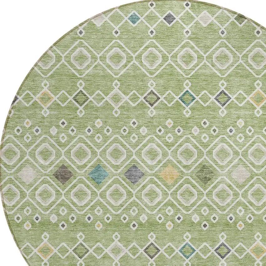 8' Sage Ivory And Teal Blue Round Geometric Washable Indoor Outdoor Area Rug Photo 4