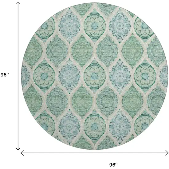 8' Sage Ivory And Teal Ogee Washable Round Rug With UV Protection Photo 9