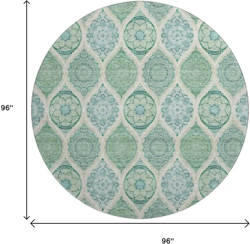 8' Sage Ivory And Teal Ogee Washable Round Rug With UV Protection Photo 9