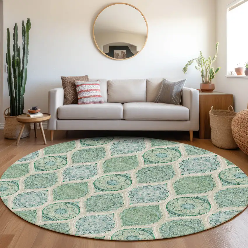 8' Sage Ivory And Teal Ogee Washable Round Rug With UV Protection Photo 4