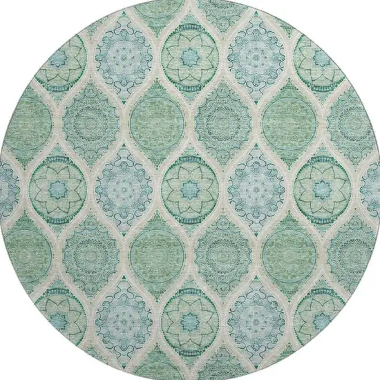 8' Sage Ivory And Teal Ogee Washable Round Rug With UV Protection Photo 2