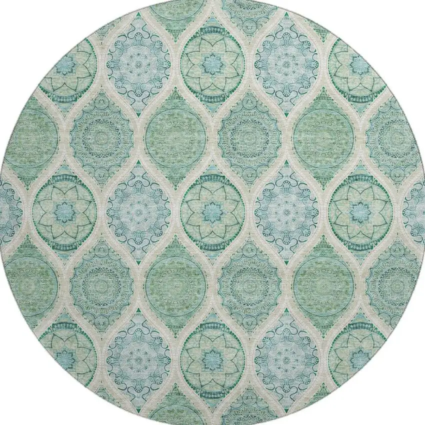 8' Sage Ivory And Teal Ogee Washable Round Rug With UV Protection Photo 2
