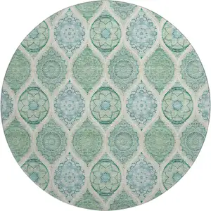 Photo of 8' Sage Ivory And Teal Ogee Washable Round Rug With UV Protection