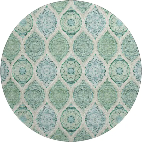 8' Sage Ivory And Teal Ogee Washable Round Rug With UV Protection Photo 1