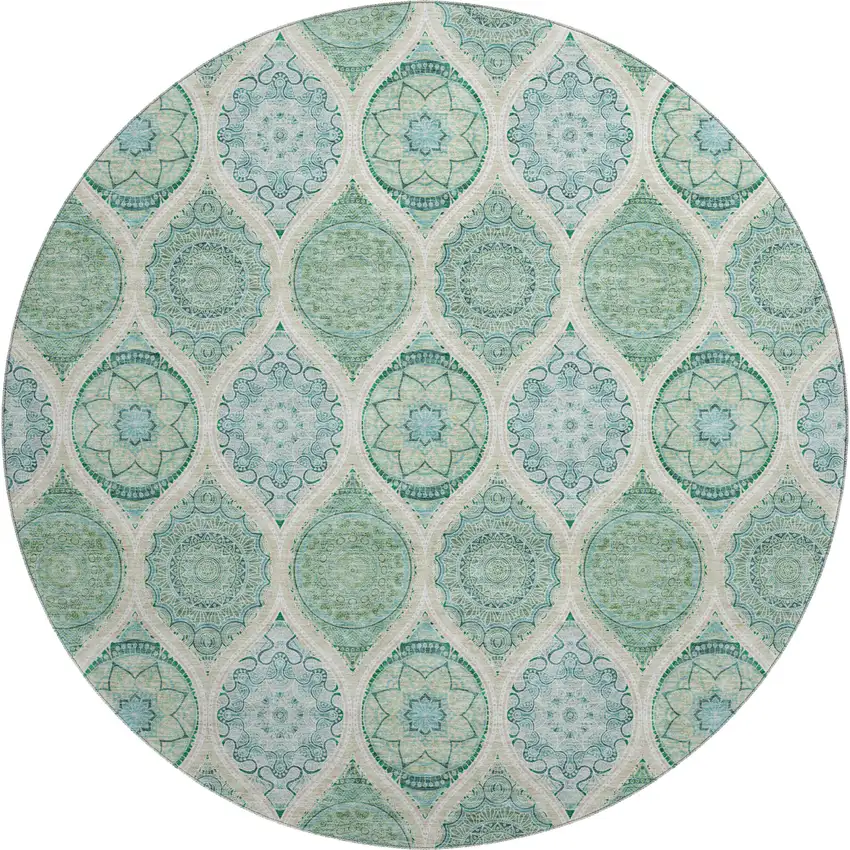 8' Sage Ivory And Teal Ogee Washable Round Rug With UV Protection Photo 1