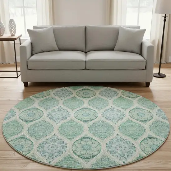 8' Sage Ivory And Teal Ogee Washable Round Rug With UV Protection Photo 2