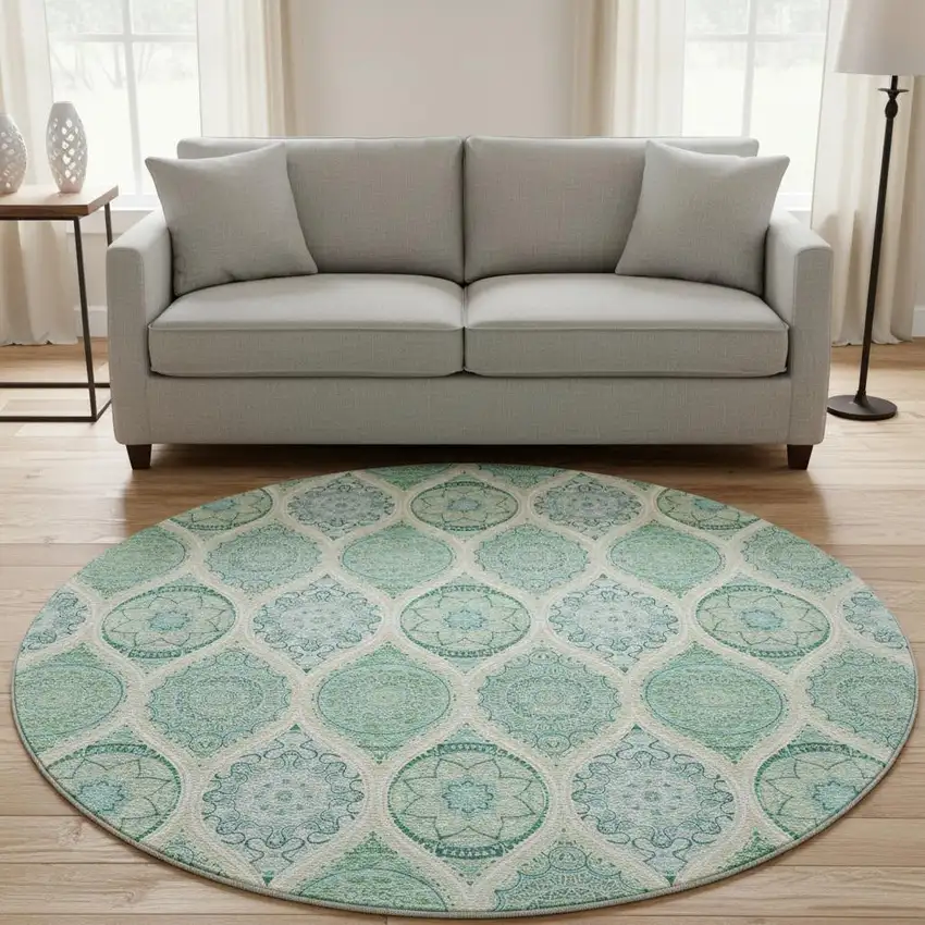 8' Sage Ivory And Teal Ogee Washable Round Rug With UV Protection Photo 2
