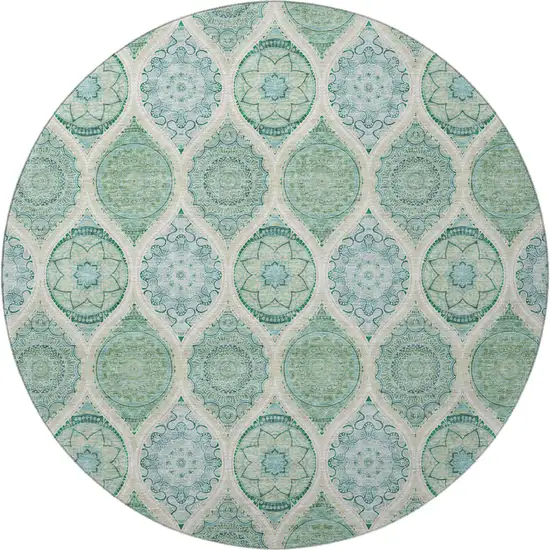 8' Sage Ivory And Teal Ogee Washable Round Rug With UV Protection Photo 3
