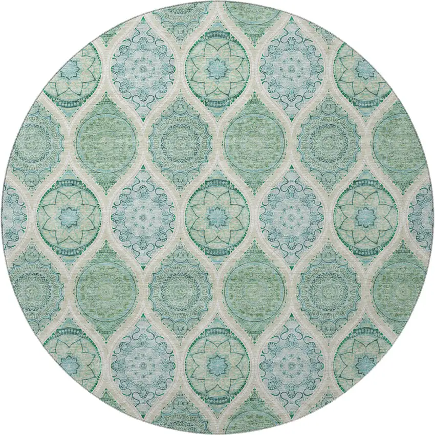 8' Sage Ivory And Teal Ogee Washable Round Rug With UV Protection Photo 3