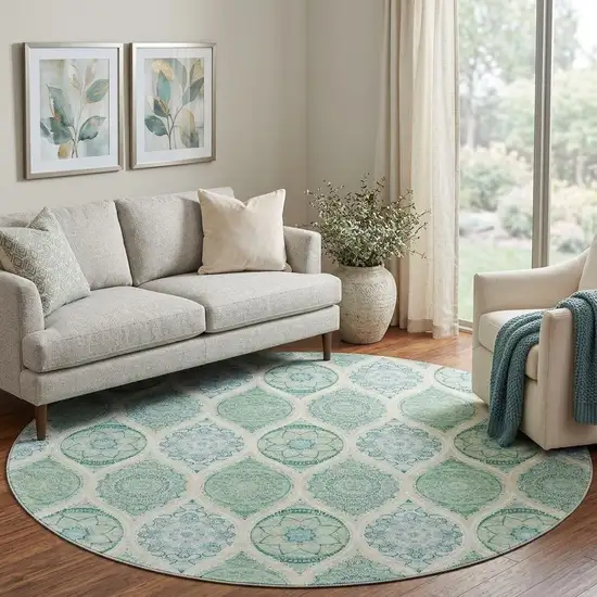 8' Sage Ivory And Teal Ogee Washable Round Rug With UV Protection Photo 1
