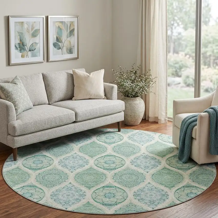 8' Sage Ivory And Teal Ogee Washable Round Rug With UV Protection Photo 1