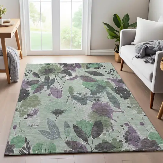 8' Sage Lavender And Gray Floral Washable Area Rug With UV Protection Photo 5