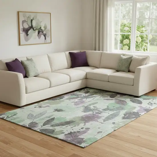 8' Sage Lavender And Gray Floral Washable Area Rug With UV Protection Photo 2