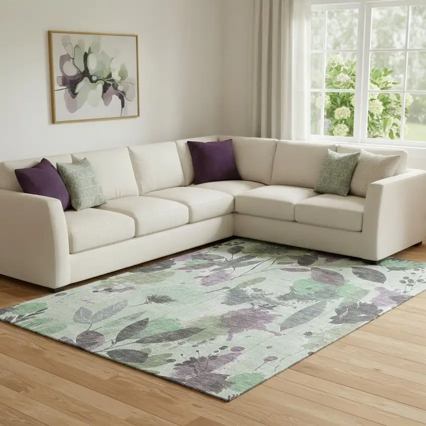 8' Sage Lavender And Gray Floral Washable Area Rug With UV Protection Photo 2