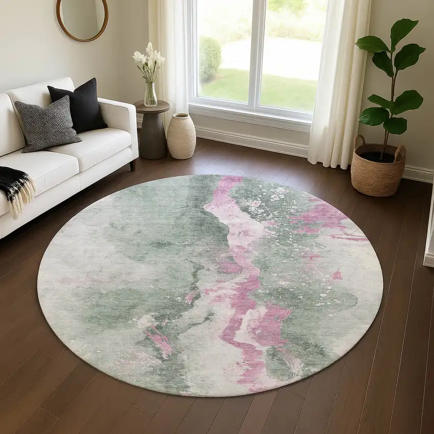8' Sage Mauve And Ivory Abstract Washable Round Rug With UV Protection Photo 3
