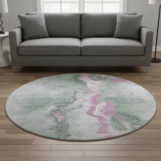 8' Sage Mauve And Ivory Abstract Washable Round Rug With UV Protection Photo 2
