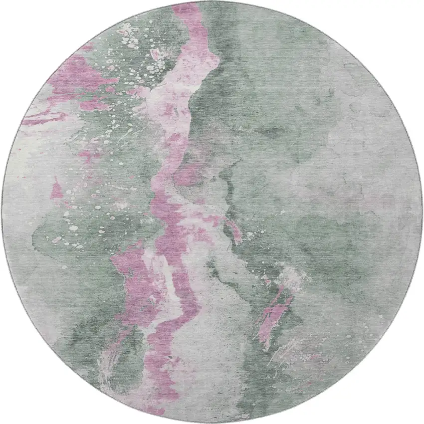 8' Sage Mauve And Ivory Abstract Washable Round Rug With UV Protection Photo 2