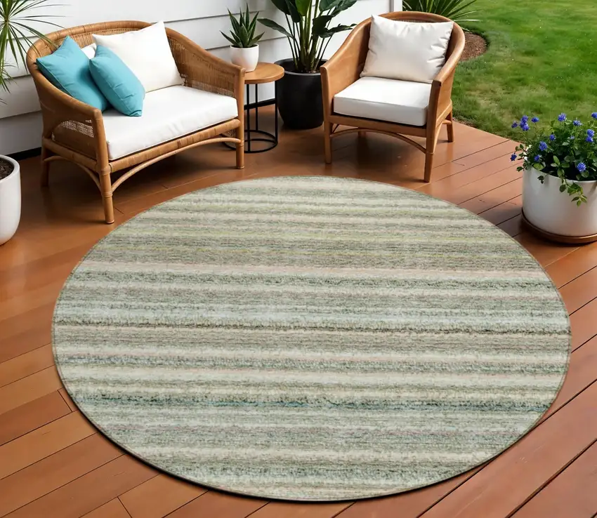 8' Sage Mint Green And Beige Round Striped Washable Indoor Outdoor Area Rug Photo 1